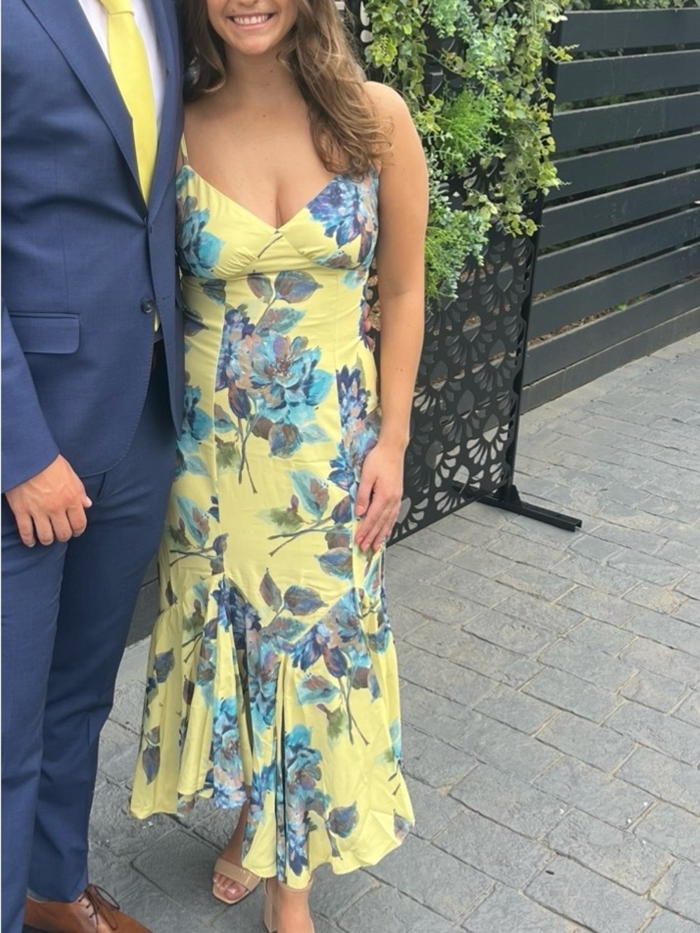 Abercrombie & Fitch Yellow Midi Dress with Blue Floral Print